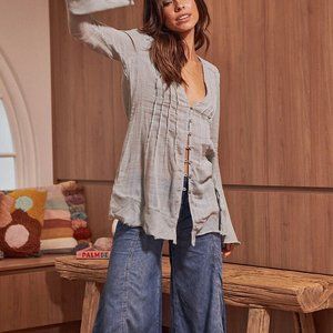 Free People Greta Gauze Top Bell Sleeve Sheer Aqua Haze XL